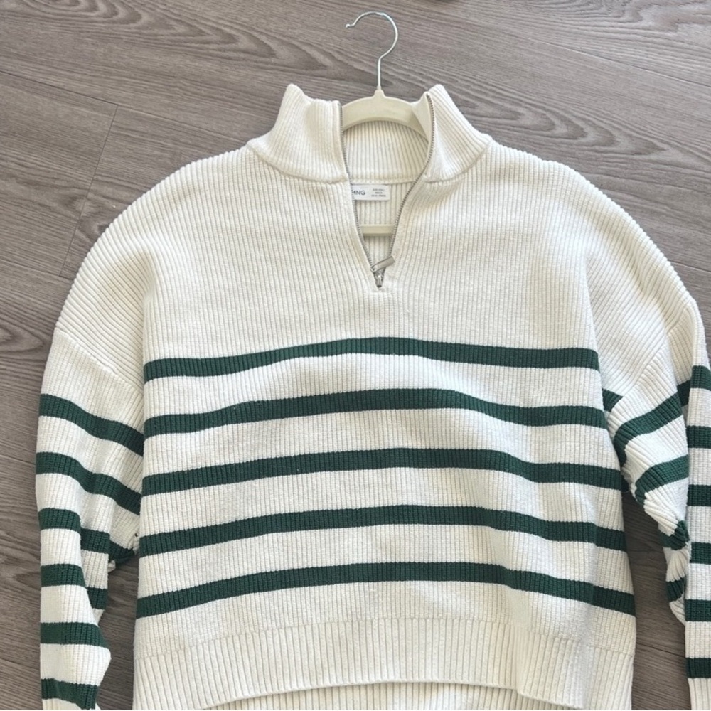 Mango Ivory and Forest Green Striped Cowl Sweater